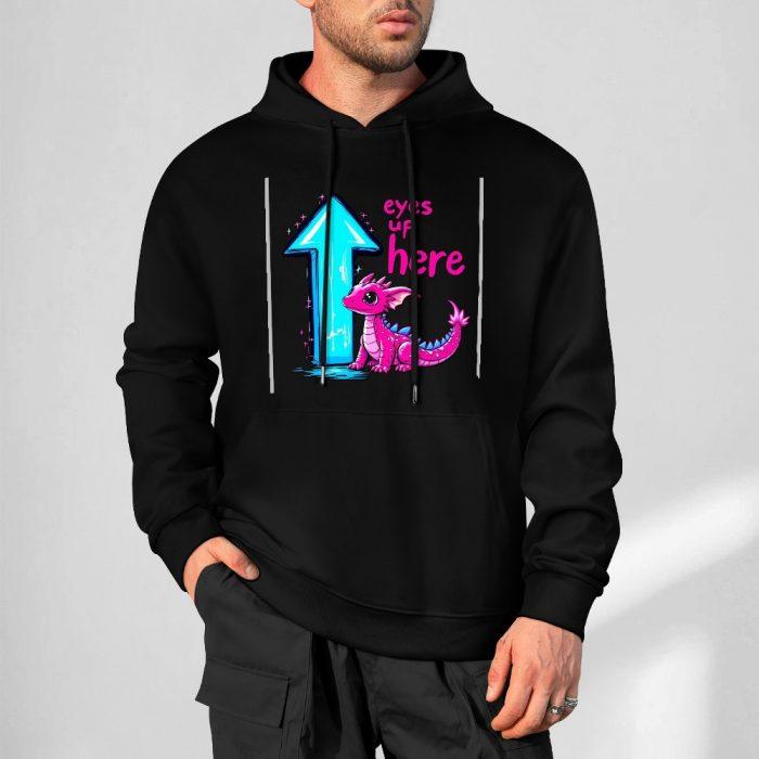Eyes Up Here Hoodie – Black Hoodie with Flirty Arrow and Pink Dragon Graphic - Image 5
