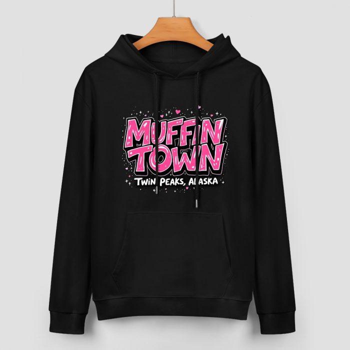 Muffin Town Hoodie – Black Hoodie with Bold Pink Logo and Twin Peaks, Alaska Text - Image 2