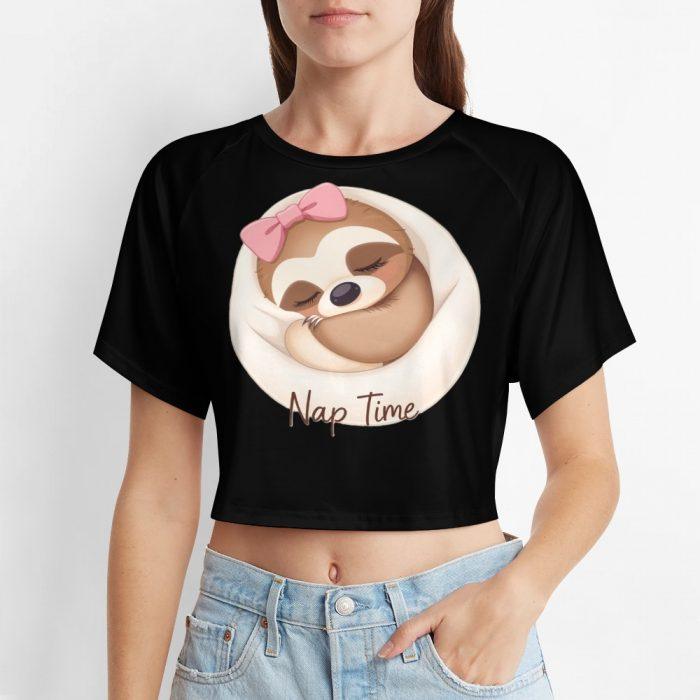 Nap Time Sloth Crop Top – Cute Lazy Day Tee with Pink Bow Sloth Graphic - Image 6