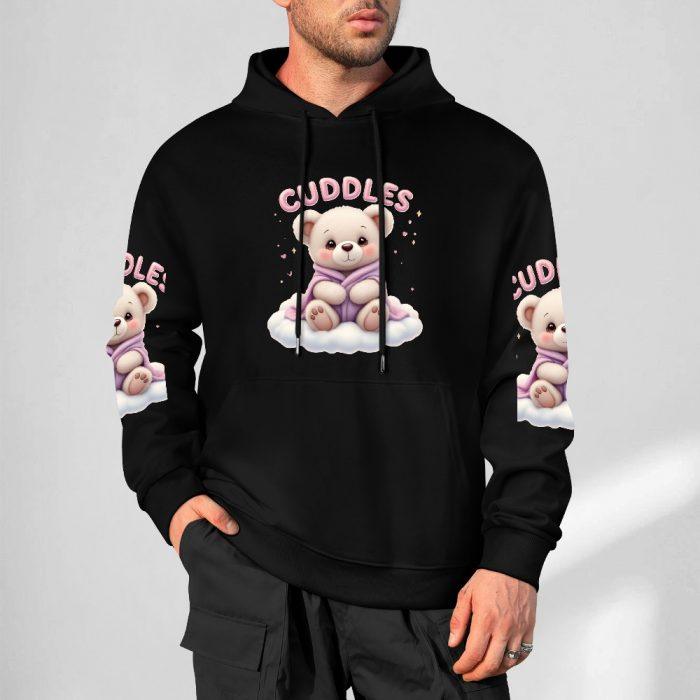 Cuddles Hoodie – Black Hoodie with Cute Teddy Bear and Matching Sleeve Prints - Image 5