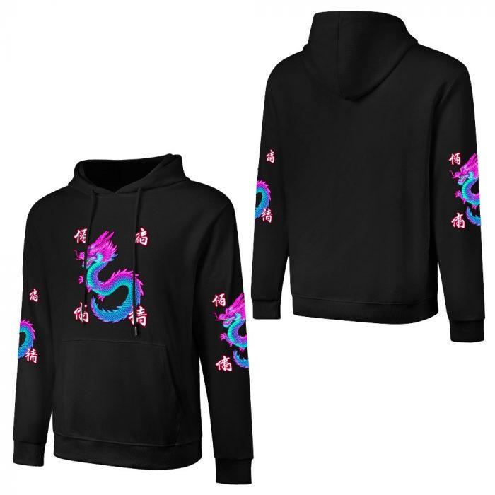Twisted Dragon Hoodie – Black Hoodie with Neon Pink & Blue Dragon and Kanji Graphics - Image 3
