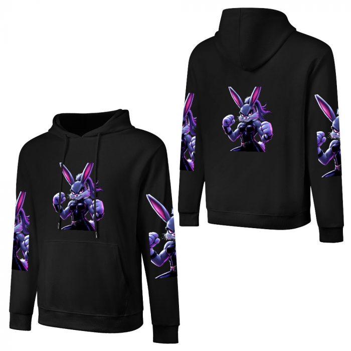 Bad Bunny Boxing Hoodie – Black Hoodie with Fierce Purple Bunny Fighter Graphic and Sleeve Prints - Image 3