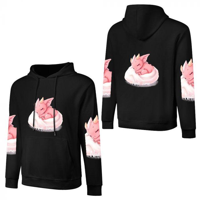Nap Time Hoodie – Black Hoodie with Pink Dragon Snuggled on Pillow and Matching Sleeves - Image 3