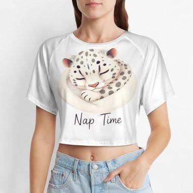 Nap Time Snow Leopard Crop Top – Cute Relaxed Fit Animal Graphic Tee for Women