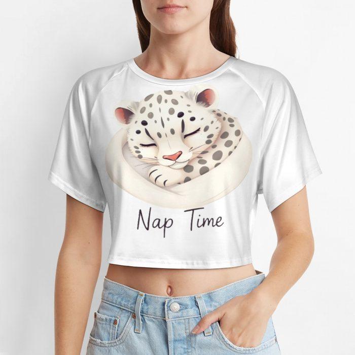 Nap Time Snow Leopard Crop Top – Cute Relaxed Fit Animal Graphic Tee for Women