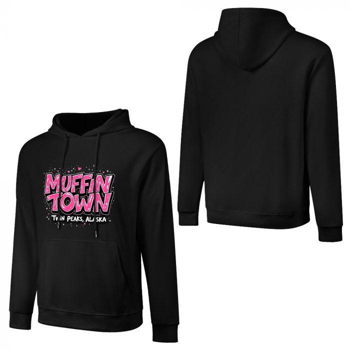 Muffin Town Hoodie – Black Hoodie with Bold Pink Logo and Twin Peaks, Alaska Text - Image 3