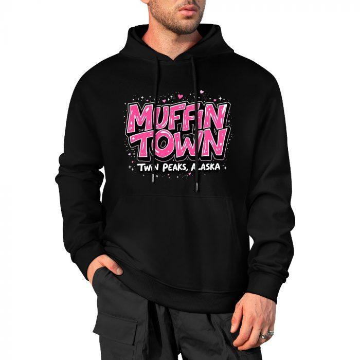 Muffin Town Hoodie – Black Hoodie with Bold Pink Logo and Twin Peaks, Alaska Text - Image 4