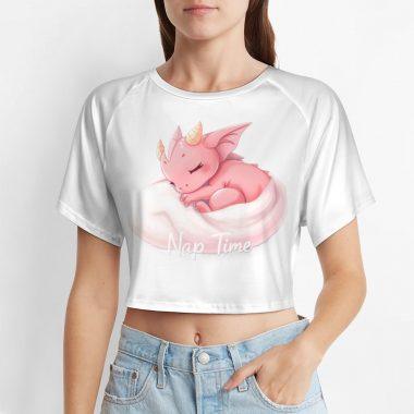 Nap Time Pink Dragon Crop Top – Cute Fantasy Creature Graphic Tee for Girls