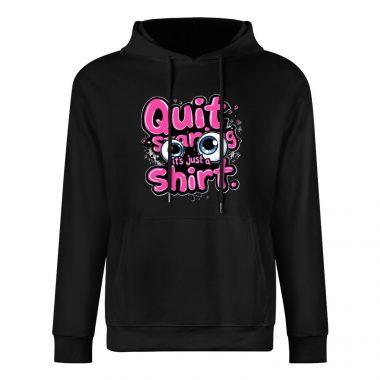 Quit Staring Hoodie – Black Hoodie with Bold Pink Graffiti Text and Cartoon Eyes