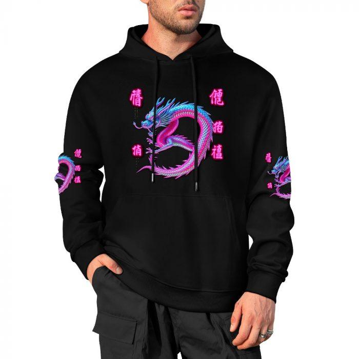 Twisted Dragon Kanji Hoodie – Black Hoodie with Neon Blue-Pink Dragon and Japanese Lettering - Image 4