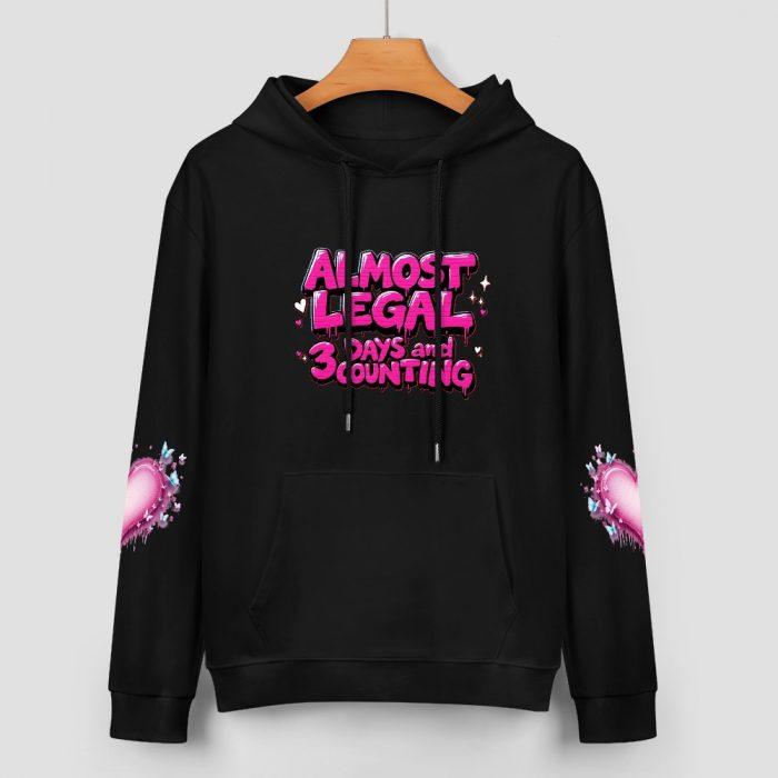 Almost Legal Hoodie – Black Hoodie with Bold Pink “3 Days and Counting” Graphic and Heart Sleeves - Image 2