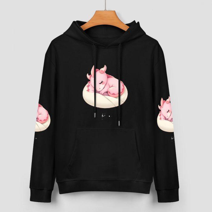 Nap Time Dragon Hoodie – Black Hoodie with Sleeping Pink Dragon and Pillow Sleeve Prints - Image 2