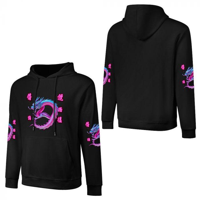 Twisted Dragon Kanji Hoodie – Black Hoodie with Neon Blue-Pink Dragon and Japanese Lettering - Image 3