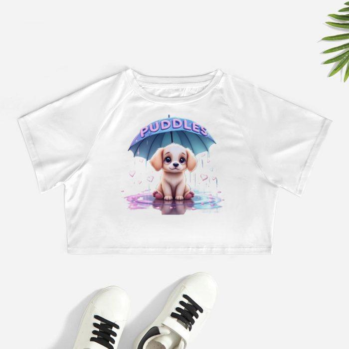 Puddles Puppy Under Umbrella Crop Top – First Kiss Butterflies Collection - Image 2
