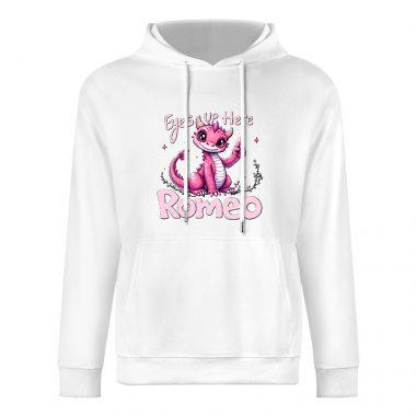 Eyes Up Here Romeo Hoodie – Cute Pink Dragon Hoodie with Flirty Script Design