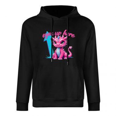 Eyes Up Here Hoodie – Black Hoodie with Cute Pink Dragon and Blue Arrow Graphic