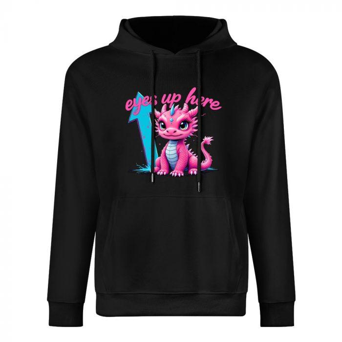 Eyes Up Here Hoodie – Black Hoodie with Cute Pink Dragon and Blue Arrow Graphic