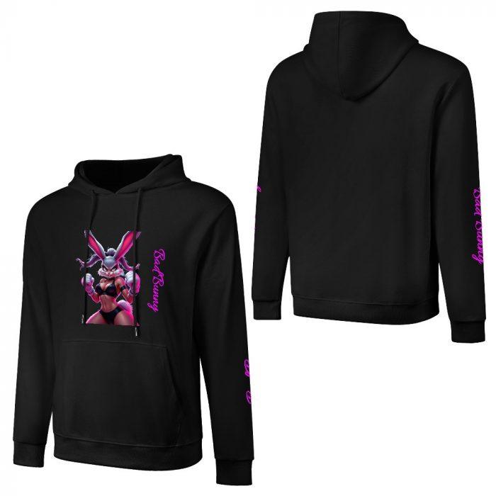 Bad Bunny Bikini Hoodie – Black Hoodie with Flirty Bunny Graphic and Pink Sleeve Script - Image 3
