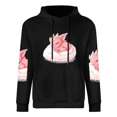 Nap Time Hoodie – Black Hoodie with Pink Dragon Snuggled on Pillow and Matching Sleeves