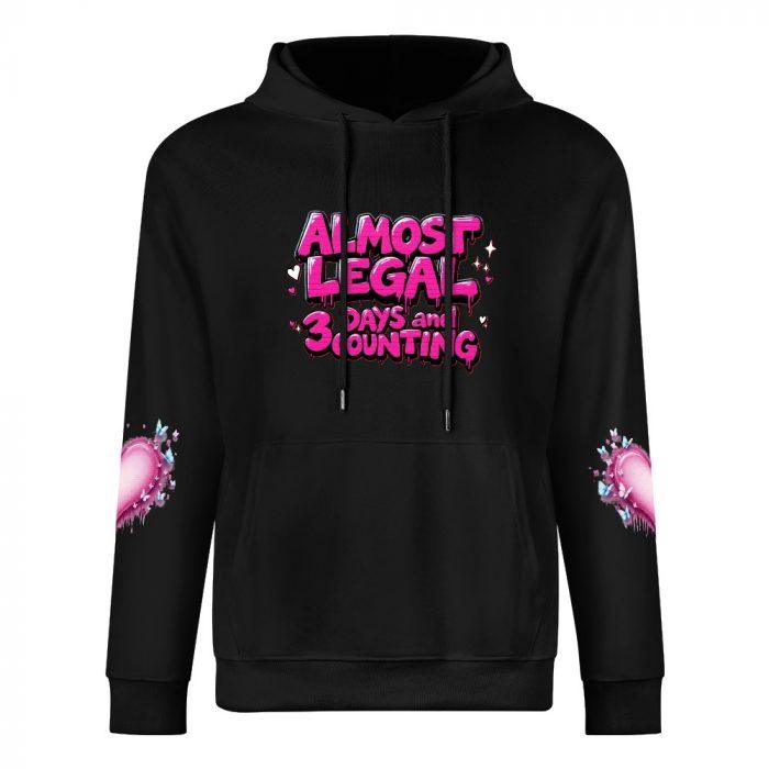 Almost Legal Hoodie – Black Hoodie with Bold Pink “3 Days and Counting” Graphic and Heart Sleeves