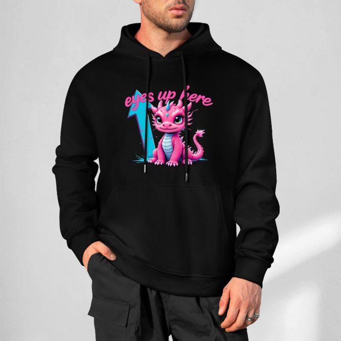 Eyes Up Here Hoodie – Black Hoodie with Cute Pink Dragon and Blue Arrow Graphic - Image 5