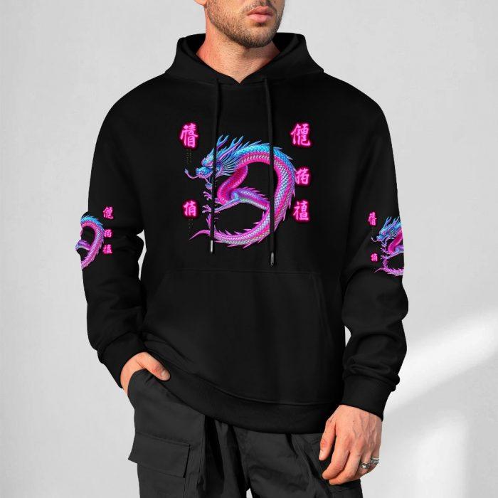 Twisted Dragon Kanji Hoodie – Black Hoodie with Neon Blue-Pink Dragon and Japanese Lettering - Image 5