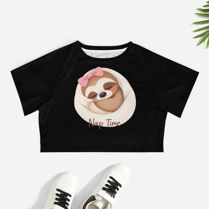 Nap Time Sloth Crop Top – Cute Lazy Day Tee with Pink Bow Sloth Graphic - Image 7