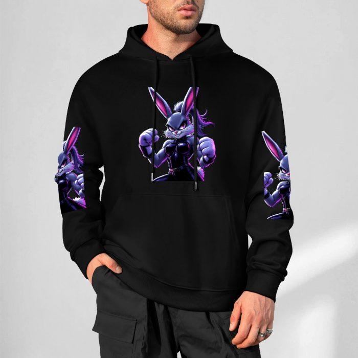Bad Bunny Boxing Hoodie – Black Hoodie with Fierce Purple Bunny Fighter Graphic and Sleeve Prints - Image 5