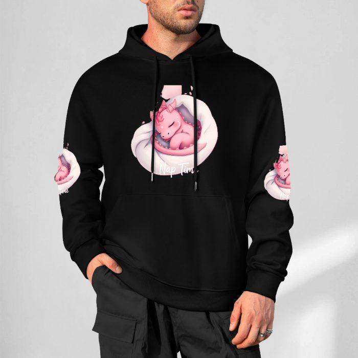 Nap Time Dragon Hoodie – Black Hoodie with Cuddled Pink Dragon and Matching Sleeve Prints - Image 5