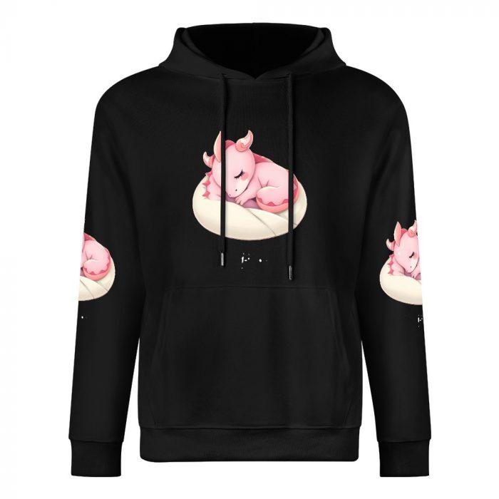Nap Time Dragon Hoodie – Black Hoodie with Sleeping Pink Dragon and Pillow Sleeve Prints