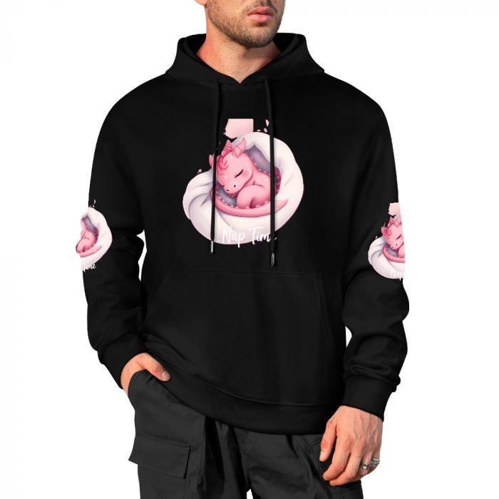 Nap Time Dragon Hoodie – Black Hoodie with Cuddled Pink Dragon and Matching Sleeve Prints - Image 4