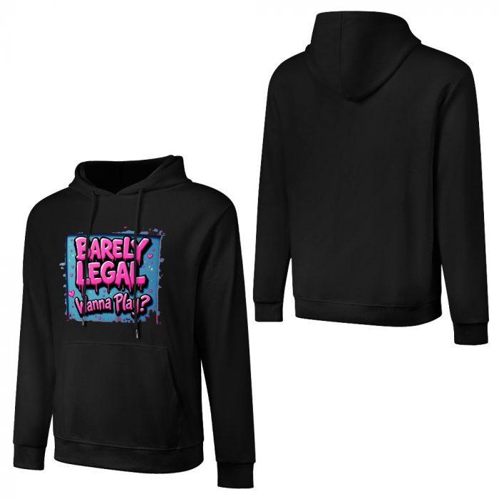 Barely Legal – Wanna Play? Hoodie – Bold Black Hoodie with Flirty Neon Text - Image 3