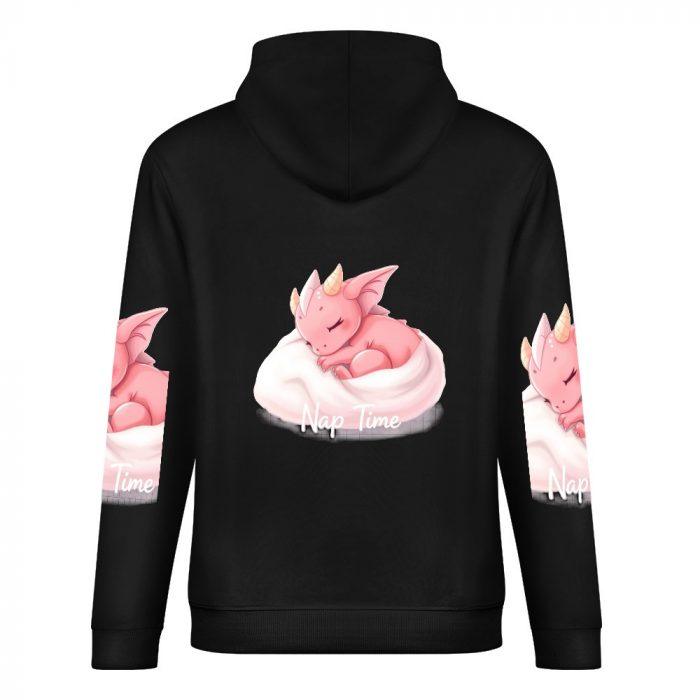 Nap Time Hoodie – Black Hoodie with Pink Dragon Snuggled on Pillow and Matching Sleeves - Image 6