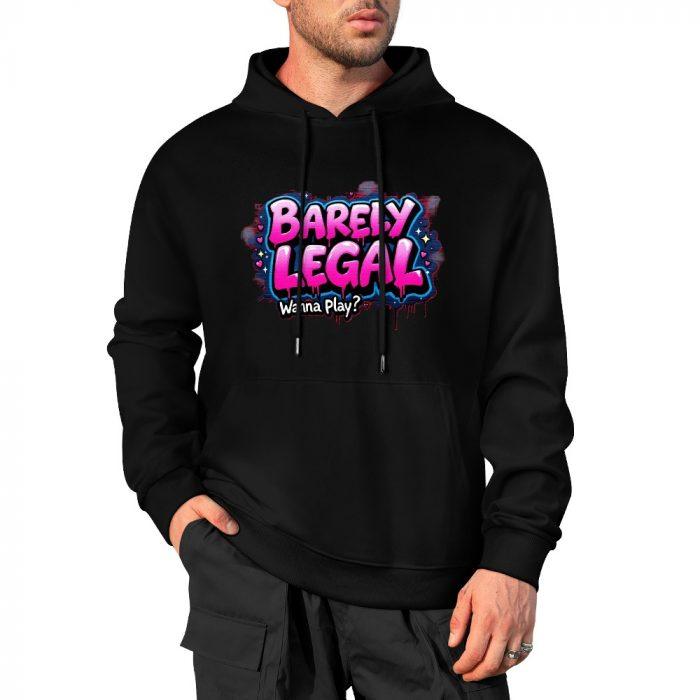 Barely Legal Hoodie – Black Hoodie with Bold Pink and Blue “Wanna Play?” Graphic - Image 4