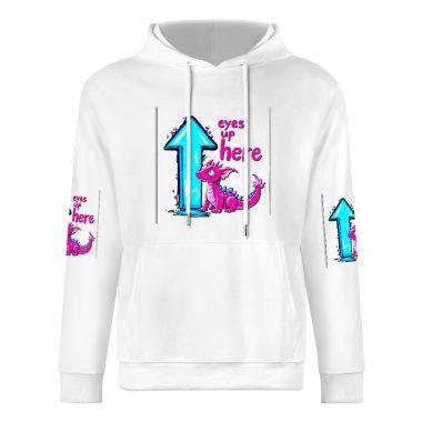 Eyes Up Here Hoodie – Funny Pink Dragon Hoodie with “Eyes Up Here” Graphic and Sleeve Prints