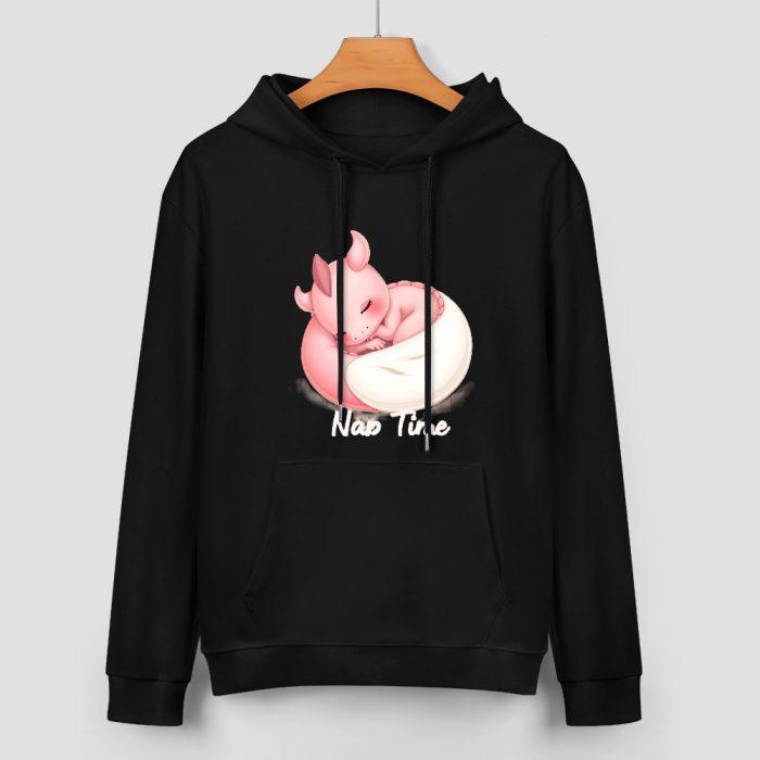 Nap Time Dragon Hoodie – Black Hoodie with Cute Pink Sleeping Dragon Graphic - Image 2