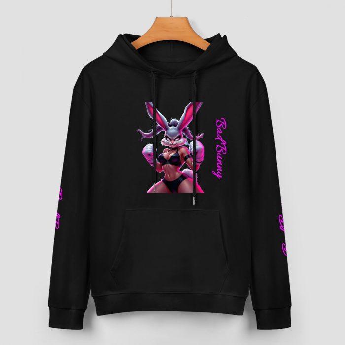 Bad Bunny Bikini Hoodie – Black Hoodie with Flirty Bunny Graphic and Pink Sleeve Script - Image 2