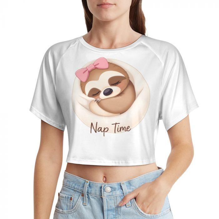Nap Time Sloth Crop Top – Cute Lazy Day Tee with Pink Bow Sloth Graphic - Image 5