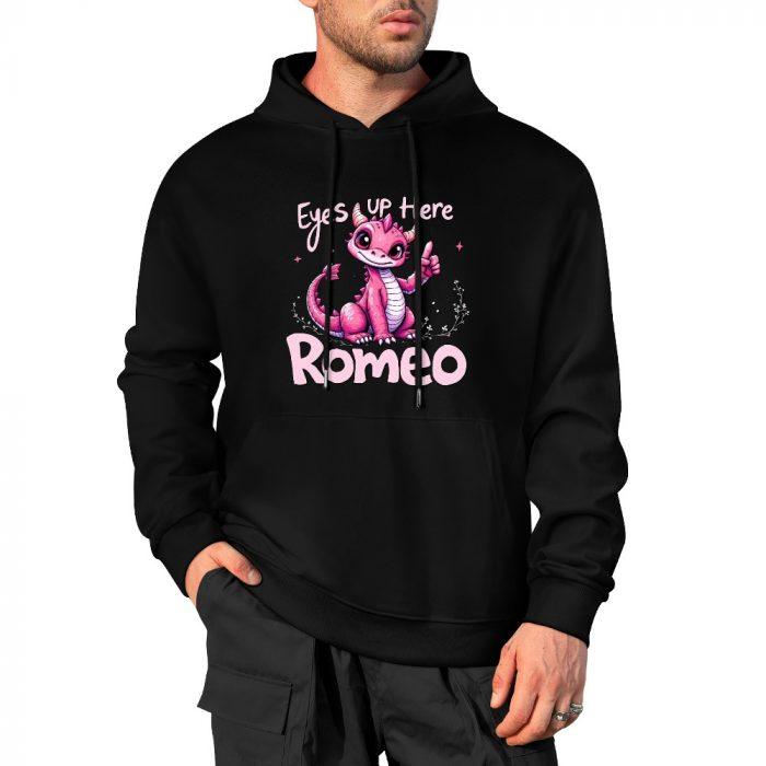 Eyes Up Here, Romeo Hoodie – Black Hoodie with Cute Pink Dragon and Flirty Text - Image 4