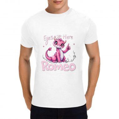 Eyes Up Here Romeo – Cute Pink Dragon Flirt Graphic T-Shirt (Made in USA,Ships to USA Only)