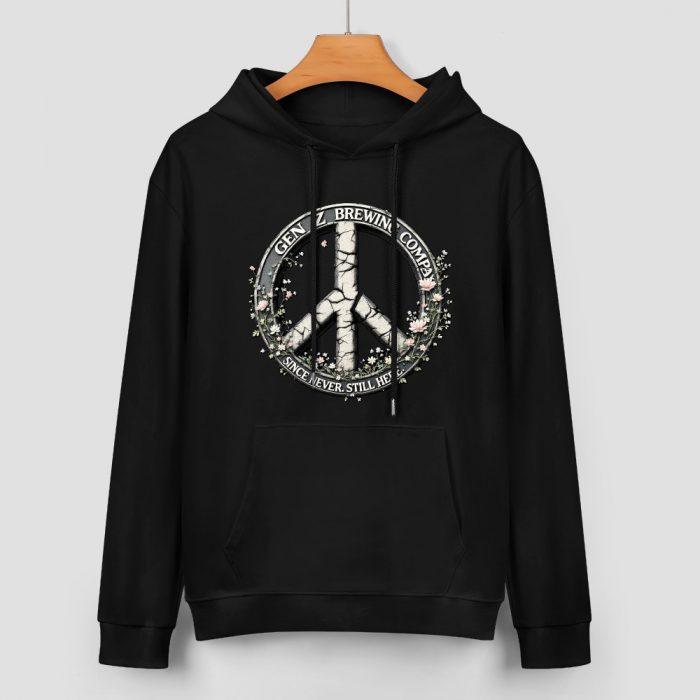 Gen Z Brewing Peace Hoodie – Black Hoodie with Floral Peace Sign and "Since You’re Still Here" Slogan - Image 2