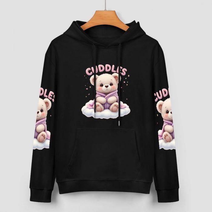 Cuddles Hoodie – Black Hoodie with Cute Teddy Bear and Matching Sleeve Prints - Image 2