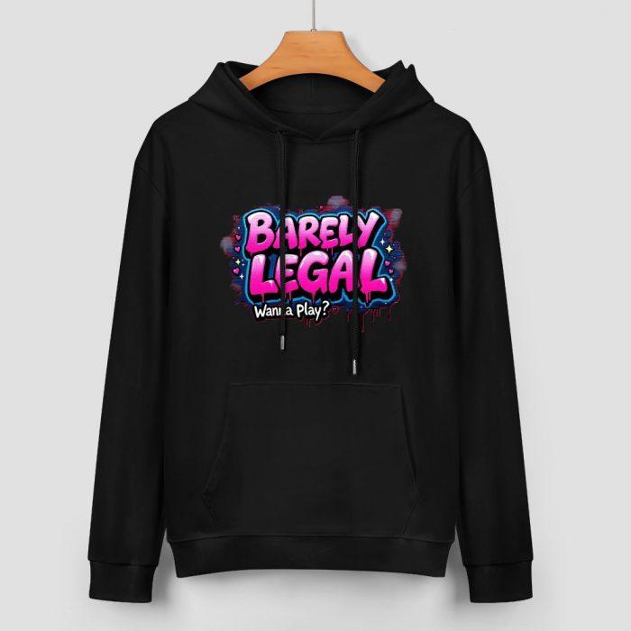 Barely Legal Hoodie – Black Hoodie with Bold Pink and Blue “Wanna Play?” Graphic - Image 2