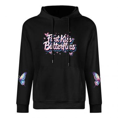 First Kiss Butterflies Hoodie – Black Hoodie with Colorful Butterfly Sleeves and Dreamy Logo