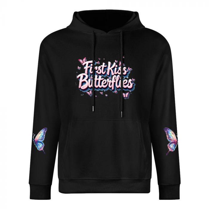 First Kiss Butterflies Hoodie – Black Hoodie with Colorful Butterfly Sleeves and Dreamy Logo