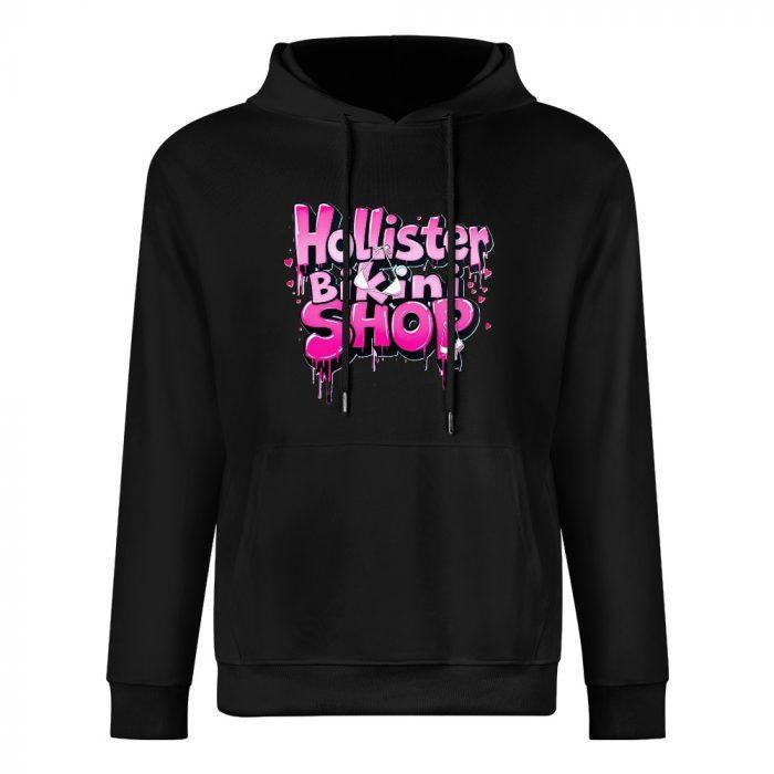 Hollister Bikini Shop Hoodie – Black Hoodie with Pink Graffiti-Style Beach Shop Logo