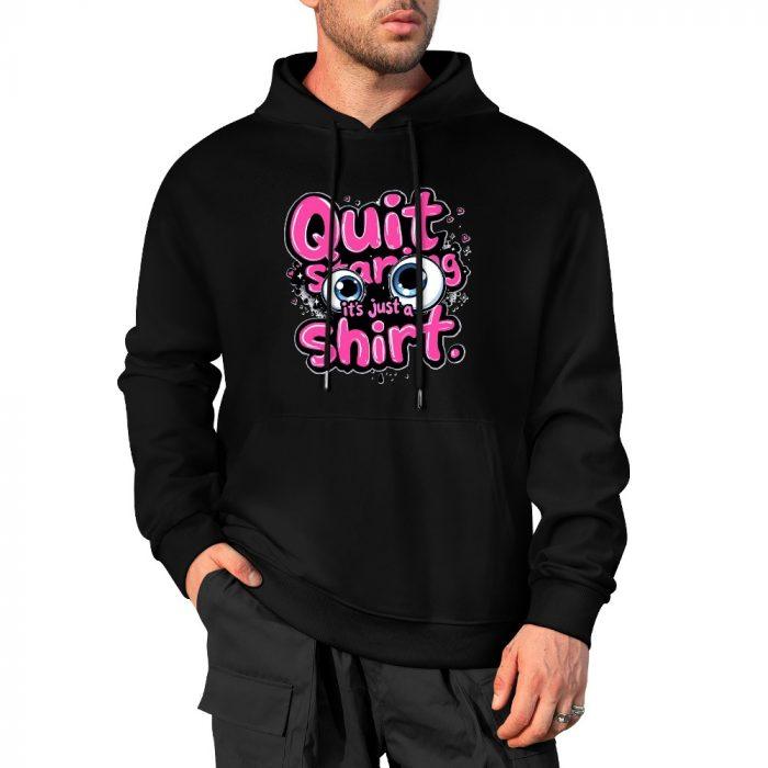 Quit Staring Hoodie – Black Hoodie with Bold Pink Graffiti Text and Cartoon Eyes - Image 4