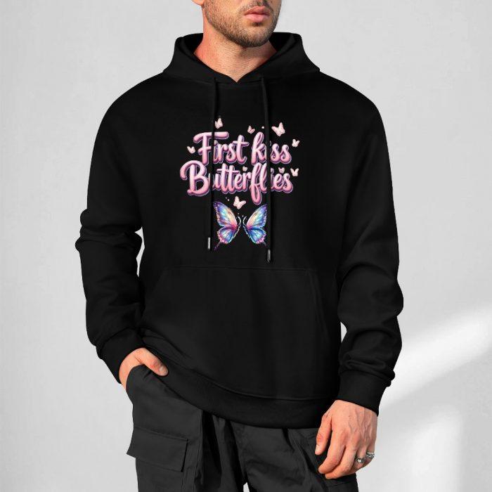 First Kiss Butterflies Hoodie – Black Hoodie with Pink Text and Colorful Butterfly Graphic - Image 5