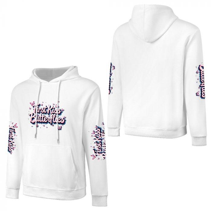 First Kiss Butterflies Sleeve Logo Hoodie – White Hoodie with All-Over Butterfly Branding - Image 5