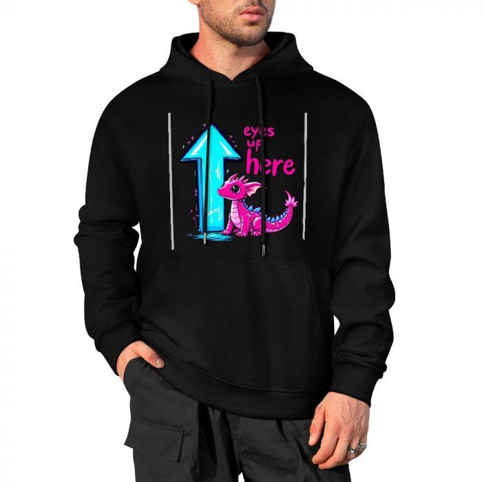 Eyes Up Here Hoodie – Black Hoodie with Flirty Arrow and Pink Dragon Graphic - Image 4